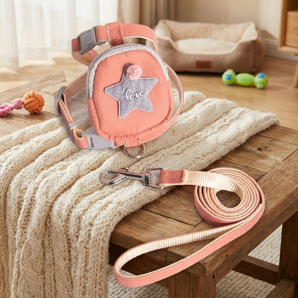 Small Dog Leash and Cute Dog Harness, Coiled Non-Retractable Puppy Leash, Cute Cat Harness and Cat Walking Harness for Pets