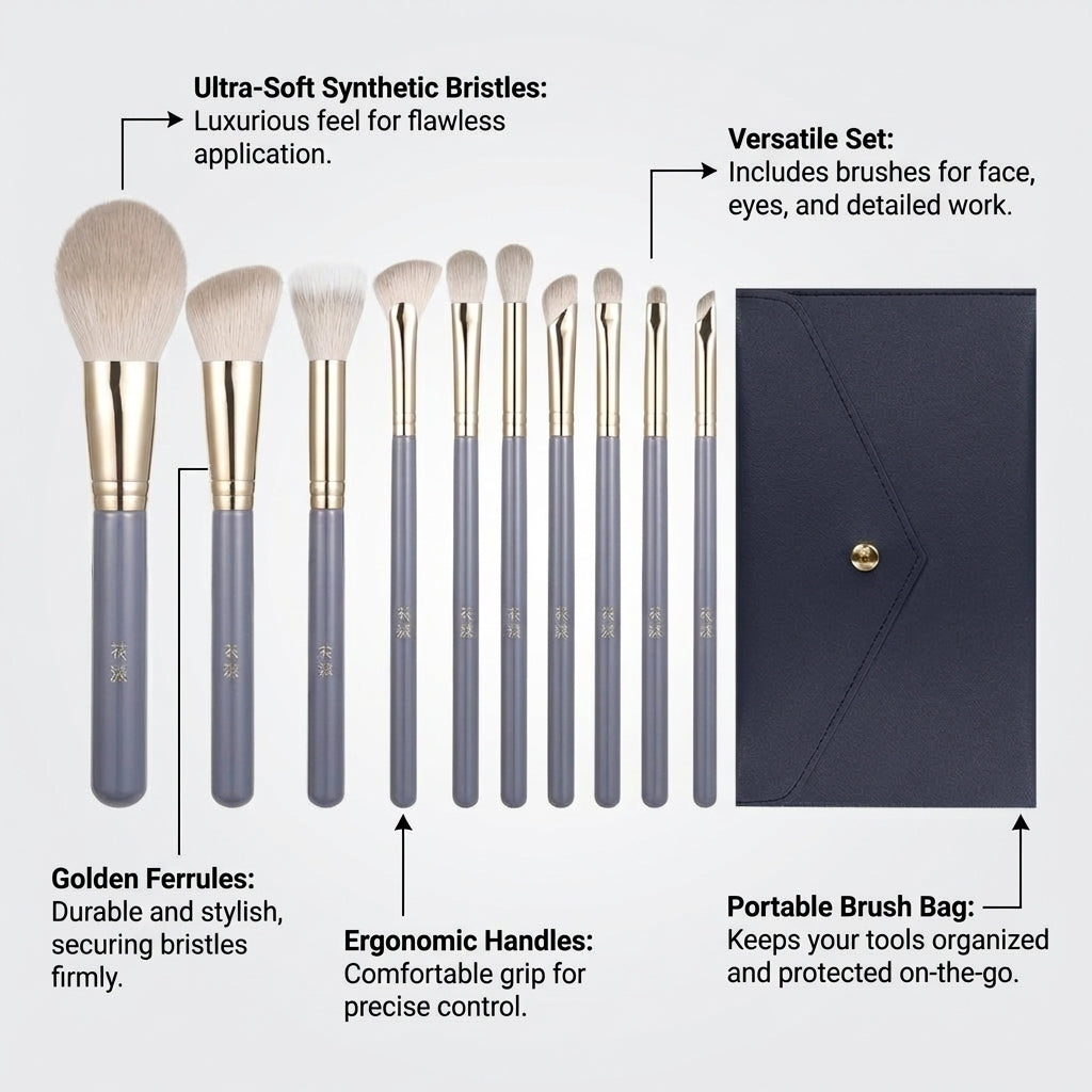 10 Piece Makeup Brush Set for Eyeshadow Blending, Face Contouring, Blush Application, Soft Bristles with Envelope Bag