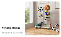Space Saving Ball Storage Rack Versatile Basketball Stretching Mat Rack Easy Assembly Multi-Tier Sports Equipment Holder Heavy Duty for Families, Kids, Home Gym, Playroom