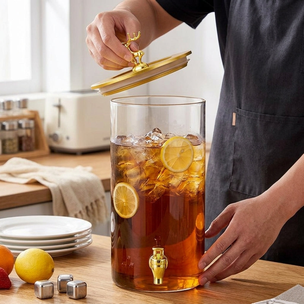 Drink Dispenser with Wood Stand, Glass Water Dispenser with Deer Lid, Stainless Steel Spigot Beer Dispenser and Juice Dispenser for Home Bar