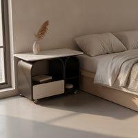Rolling Side Table Modern Side Table with Drawer compartmentSaving Mobile Storage Cart for Living Room, Bedroom, Small Areas