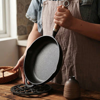 Frying Pan with Glass Lid and Oil Brush for Stir Fry, Heavy Duty Cast Iron Griddle Pan for Steak, Flat Bottom Pancake Pan, No Coating Ceramic