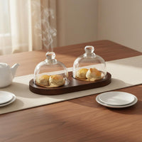 Glass Cloche Wooden Base Food Safe Materials Glass Dome Serving Tray Dessert Cloche Display Set Multipurpose Use for Cafe Owners
