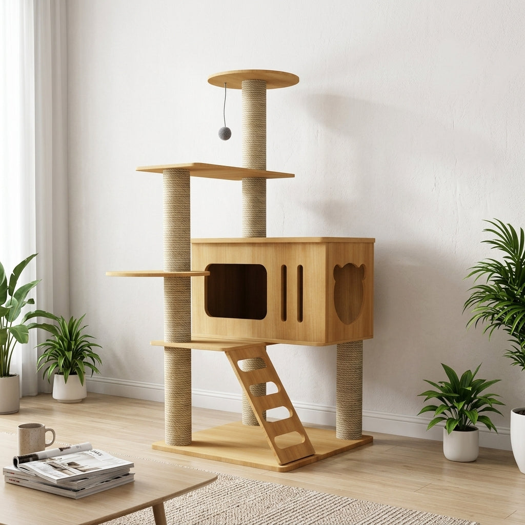 Cat Activity Center Tree Indoor with Five Tiers, Multi-Level Climbing Frame Featuring 2 Condos, Scratching Posts, and Perches for Large Adult Cats
