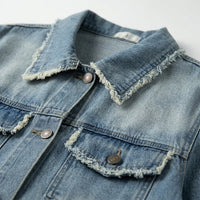 Women Oversized Denim Jacket with Frayed Edge Detail, Long Sleeve Ladies for Spring, Soft Washed Blend Finish