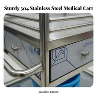Easy to Clean Stainless Steel Medical Cart Resistant 2-Drawer Rolling Treatment Trolley Heavy-Duty Stainless Steel Rolling Trolley Spacious Storage for Beauticians Artists, Veterinarians, Hospital, Medical Facility, Laboratoryoratory Oratory, Kitchen