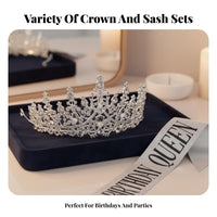 2 Pieces Birthday Queen Crown and Sash Sparkling Crystal S Birthday Crown and Sash Set Silver Princess Tiara Elegant Design