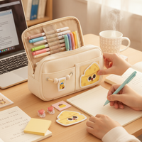 Cute Cheese Bear Pencil Case Large Capacity Embroidered Stationery Pouch for Girls