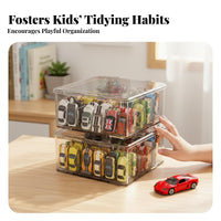 hinged lid Divided Car Container Compartmentalized Toy Organizer Stackable Display Case particle-resistantproof for Collectors, Children, Hobbyists, Desktop, Playroom, Bedroom, Shelf