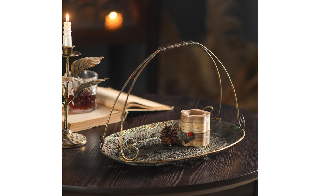2 Pieces Wrought Iron Tray Vintage Decorative Tray with Handle Rustic Perforated Metal Basket for Tea Table