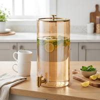 Glass Water Dispenser with Metal Tap and Lid, Cylindrical Juice Dispenser for Iced Fruit Tea, European Style Large Capacity Glass Water Dispenser