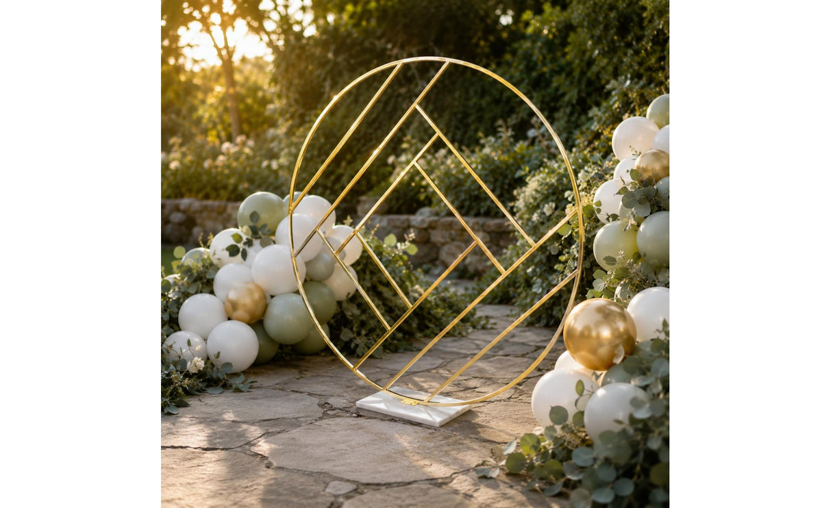 Round Metal Backdrop Frame Stainless Steel Floor Standing Backdrop Stand Interwoven Line Design Gold Metal Circle Arch