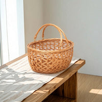 Openwork Handwoven Wicker Basket Oval Storage Basket with Handles Natural Portable for Kitchen, Dining Table, Living Room