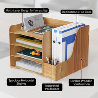 Desk Storage Organizer for Office Supplies, Multi-Tier Wooden File Rack for A4 Documents, Desktop Organiser Letter Tray for Students