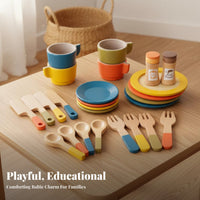 Great Gift Tea Party Playset Realistic Design Kids Play Food Set Colorful Pieces Wooden Tea Party Set Screen-Unplugged Fun for Girls, Preschoolers, Toddlers