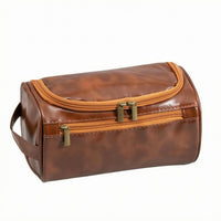 Front Zipper Pocket Barrel Toiletry Bag PU Leather Cosmetic Bag Glossy Finish Travel Cosmetics Case