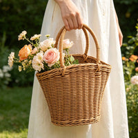 Flower Basket with Bow Natural Gift Basket with Handle Rustic Elegant for Florists, Weddings, Picnics