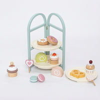 Toy Dessert Stand with Pretend Desserts Three-Tier Dessert Stand with Sweets Rounded Edges Wooden Pretend Desserts Set for Classroom