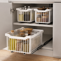 Extendable Kitchen Cabinet Basket, White Kitchen Organizer Drawer made of Carbon Metal, Smooth-Gliding Under Sink Basket No Drilling Needed, for Dishes & Pans