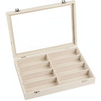 Divided Compartments 8 Slot Eyeglasses Box Metal Latch Glass Lid Glasses Box Rectangular Tray Velvet Lined Eyeglasses Case Slim Profile