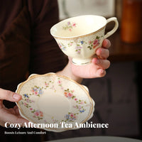 English Design Coffee Mug Giftable Vintage Floral Teacup Set Vintage Tea Mug Easy to Clean Gold Border Teacup with Dish Safe