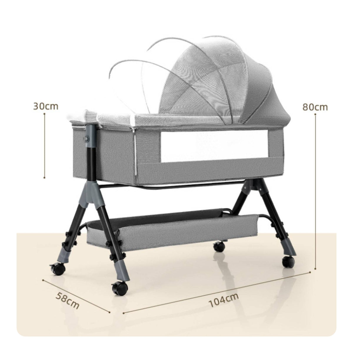 Rocking Function Folding Baby Bed Bug Barrier Net Silent Wheels Adjustable Height Bedside Bassinet Large Storage Basket Nursery Furniture for Newborns, Bedroom