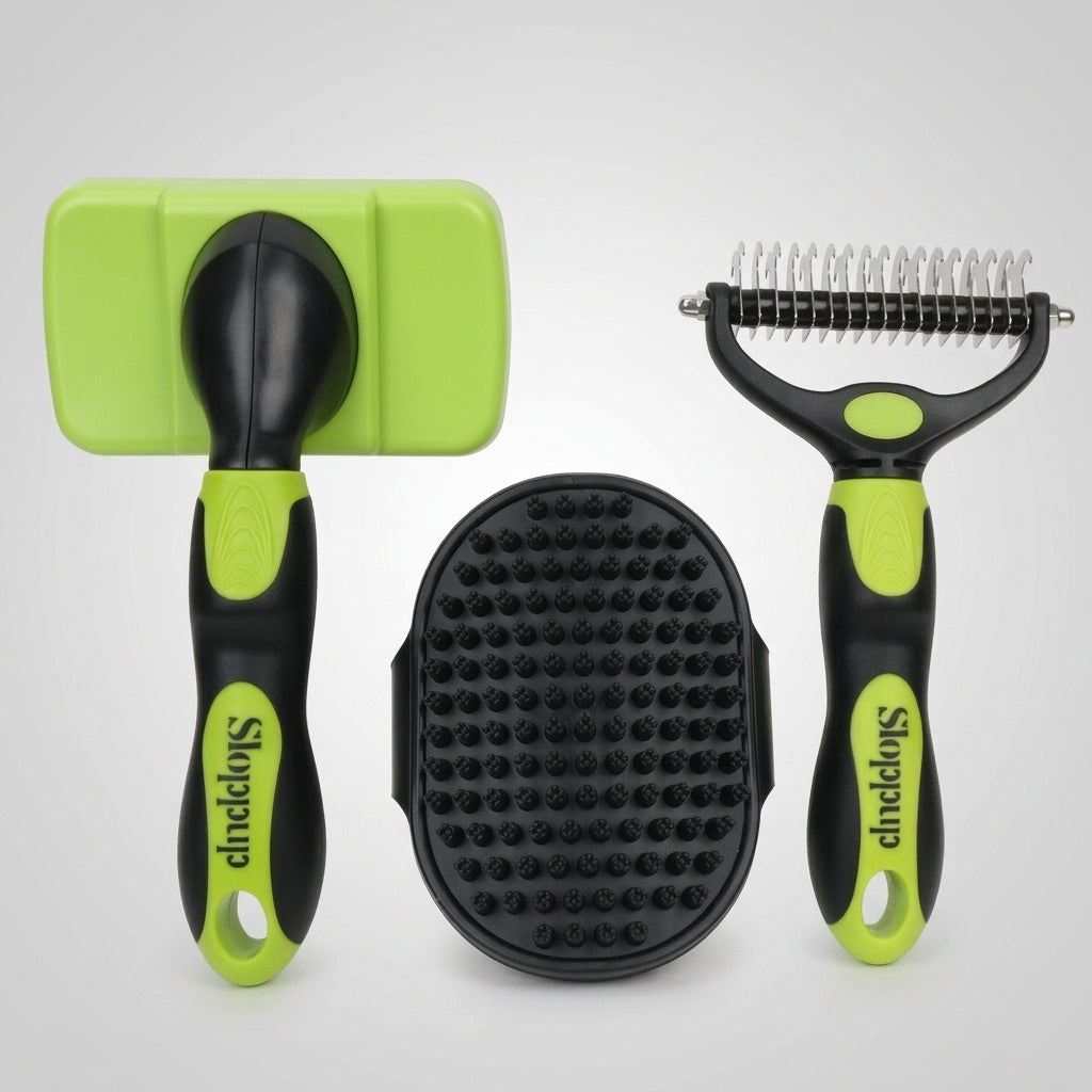 Cat Brush and Pet Hair Remover for Long Haired Dog Grooming, 3-Piece Dog Comb and Bath Brush Set, Massage Glove for Gentle Cat Grooming Care