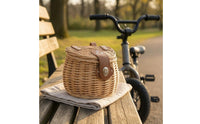 Handwoven Kids Front Bike Basket Natural Woven Wicker Bike Basket Lined Faux Leather Straps for Children