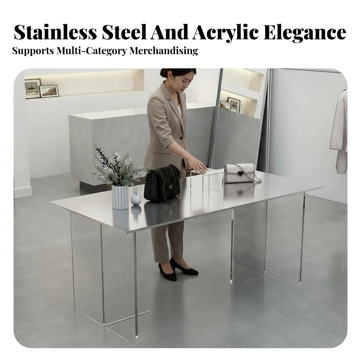 Stainless Steel Surface Display Table Minimalist Design Modern Boutique Island Table Spacious Surface Store Furniture for Visual Merchandisers