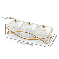 3-Compartment Serving Tray with Lidded Containers Gold-Tone Snack Tray with Lids Transparent Condiment Server with Lids Rectangular for Hosts, Dessert Service, Tea Time, Coffee Table, Countertop