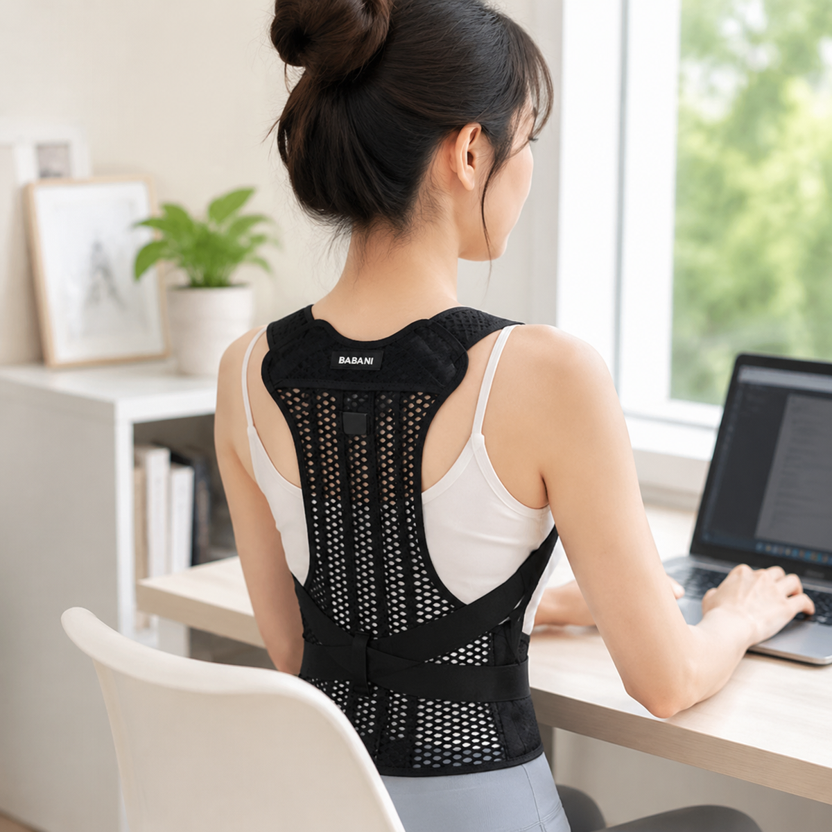 Travel Back Brace, Breathable Back Support with 5 Bones, Strong Posture Correction for Office & Computer, Unisex Mesh Textile
