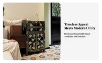 Antique Finish Tibetan Painted Chest Ornate ornamentation Bedside Cabinet bright hues End Table long-Enduringing Construction for Fans of Ethnic Decor, Interior Decorators, Apartment Dwellers, Bedroom, Living Room, Entryway, Hallway