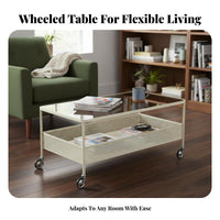 With casters 2-Tier Glass Top Tea Table Easy to Move Living Room Furniture Space-Saving Mobile Storage Multi-Functional for Homeowners, Renters, Home Office, Bedroom, Reception Area