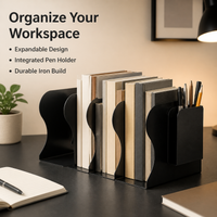 Book Ends Desk Organiser, Metal Book Ends with Storage, Heavy Duty Iron Bookends for Shelves, Adjustable Large Book End for Home Office