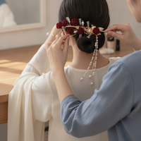 Red Rose Hairpin Tassel Side Clip for Cheongsam Hanfu Daily Wear