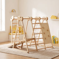 Wooden Climbing Frame with Swing Wood Indoor Jungle Gym Freestanding Indoor Playground with Slide for Kids, Young Children, Playroom
