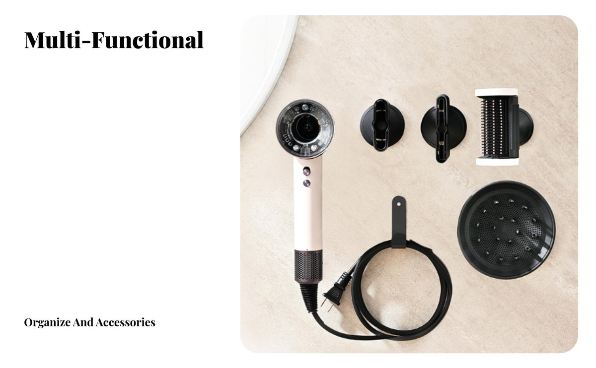 Punchdrilleffortless Installation Attractive Hair Dryer Holder Set Includes Reachory Holders Hair Appliance Organizer Space-Saving Design Wall Mounted Rack Sturdy Construction for Styling Tool Users, Homeowners, Home Organizers, Vanity Area, Dressing Room