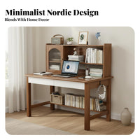 Study Desk with Storage Shelves Solid Wood Construction Writing Table with Bookshelf Multifunctional Student Workstation for Students, Adults, Bedroom