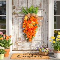 Artificial Easter Carrot Wreath, Orange Floral Door Hanging Decoration with Rustic Hessian Bow, Spring Teardrop Swag for Front Door, Porch and Wall Decor