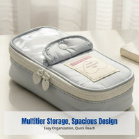 Gray Navy Heart Stationery Pouch, Double Zipper, Multi-Compartment, Large Capacity, Student Organizer