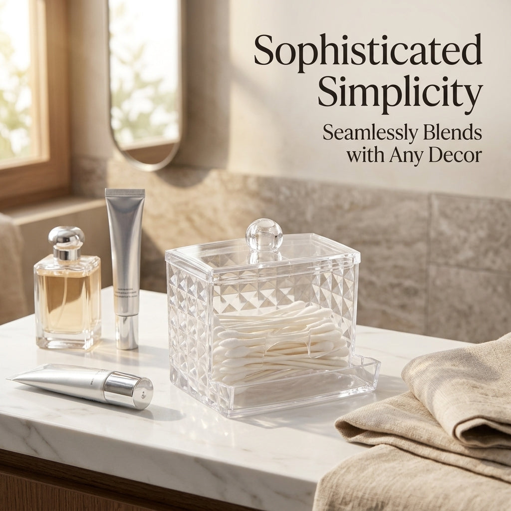 Swab Holder with Bamboo Lid, Clear Acrylic Stackable Diamond Pattern, Bathroom Containers for Vanity Table, Makeup Organiser Set
