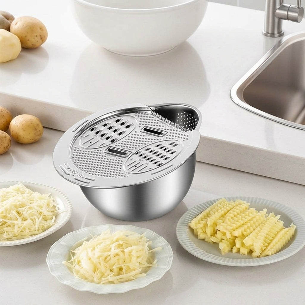 Grating and Draining Basin Set (Boxed) with Washing Bowl and Bowl Strainer, 201 Stainless Steel Rice Rinser for Multi-Functional Kitchenware Use