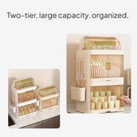 2-Tier Dish Storage Cabinet with Lid and Draining Rack