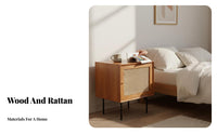 Japanese Design Rattan-Front Nightstand Solid Wood Legs Bedside Table Minimalist Design Storage Furniture Retro Aesthetic for Apartment Dwellers, Homeowners, Adults, Bedroom, Small Areas, Living Room, Home Office