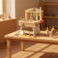 Toy Workbench with Tools Child-Centered Wooden Play Workbench Pretend Kids Tool Bench for Young Children, Playroom