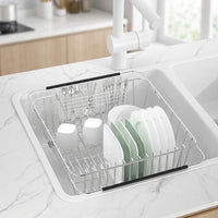 Extendable Dish Rack Kitchen Sink Organizer, Adjustable Stainless Steel Dish Rack with Utensil Holder, Space Saving Modern Minimalist Style Use
