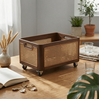 Storage Basket with Wheels Walnut-Finish Rolling Basket Woven for Under Console