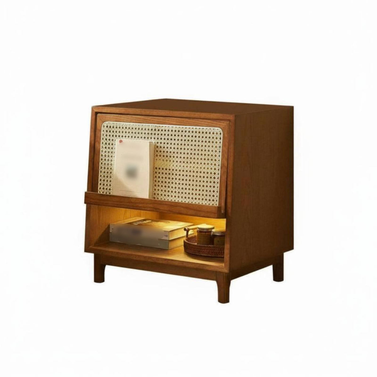 Nordic and design Rattan Nightstand sturdy Wood Legs Rattan Drawer Side Cabinet Woven Front End Table Minimalist Design for Apartment Dwellers, residents, Students, Bedroom, Small areas, Living Room, Entryway