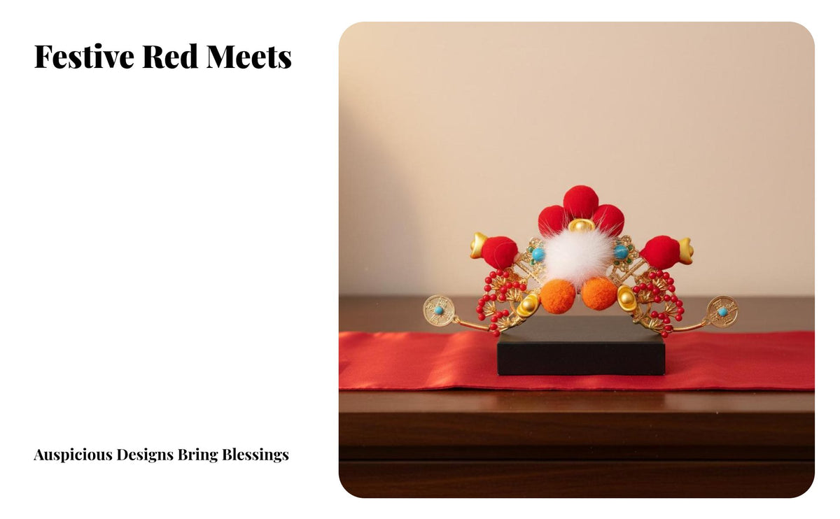 God of Wealth Hair Crown Good Luck Symbols Red Tassel Hair Comb Chinese Festive Hairpiece Handmade Traditional Chinese Headdress
