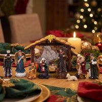 Christmas Nativity Scene Set Holiday Tabletop Nativity Hand-Painted Stable with Figurines Rustic for Collectors, Mantel, Bookshelf